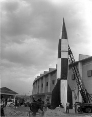 A captured V-2 rocket being prepared for display at the Canadian National Exhibition grounds in Toronto in 1950.