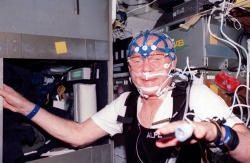 Figure 11.2. Astronaut John Glenn is equipped with biosensors for monitoring his sleep during his mission on board the Space Shuttle (Courtesy of NASA).