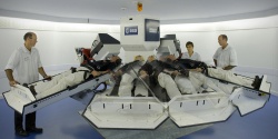 Figure 11.11. A subject is lying in a short-radius centrifuge for studying the effects of centrifugal force (artificial gravity) on sensory, motor and cardiovascular functions (Courtesy of CNRS).
