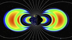 Figure 15.6. The Earth and the donut shaped Van Allen belts that protect us from Solar Storms. (Graphic courtesy of NASA)