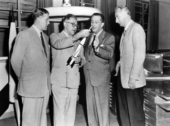 Willy Ley with Wernher von Braun, Walt Disney and Prof. Haber