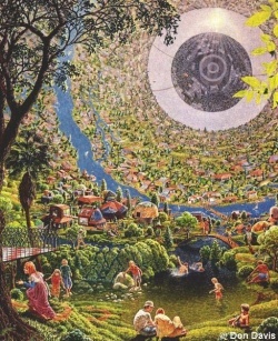 Figure 14.7. Gerard O’Neill’s Visionary Concern of a Space-Based Colony with Artificial Gravity. (Artwork by Don Davis with thanks and appreciation to Apogee Books)