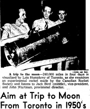 Model of the CRS rocket displayed at the Canadian National Exhibition in 1948. Pictured are CRS members Lois Humphrey, Jack Bird, and John Wirtman. 'Globe and Mail Aug 28 1948'.