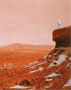 Right: Mars Exploration , 1979, by William Hartman, Acrylic on rag board, 10 x 14 inches. (Used by permission of the artist, William K. Hartmann, Planetary Science Institute, Tucson, Arizona).