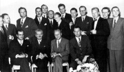 Founders of the IAF at the Second IAC, London, 1951. Front row, G. Loeser, H. Oberth, E. Sanger, A. Haley - Back row, J. Stemmer, T. Mur, E. Sawyer, T. Tabanera, L.J. Carter, F. Hecht, F.K. Jungklaas, H.H. Koelle, A. Hjertstrand, A.C. Clarke, F. Durant, E. Burgess, L.R. Shepherd