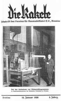 Winkler's first rocket experiments, cover of Die Rakete for 15 January 1928.
