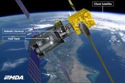 Figure 13.3. MDA Space Infrastructure Servicing Vehicle Depicted with “Client” Satellite. (Graphic Courtesy of MDA)