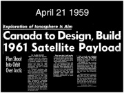 First announcement of Canada's top-sounding satellite, April 1959